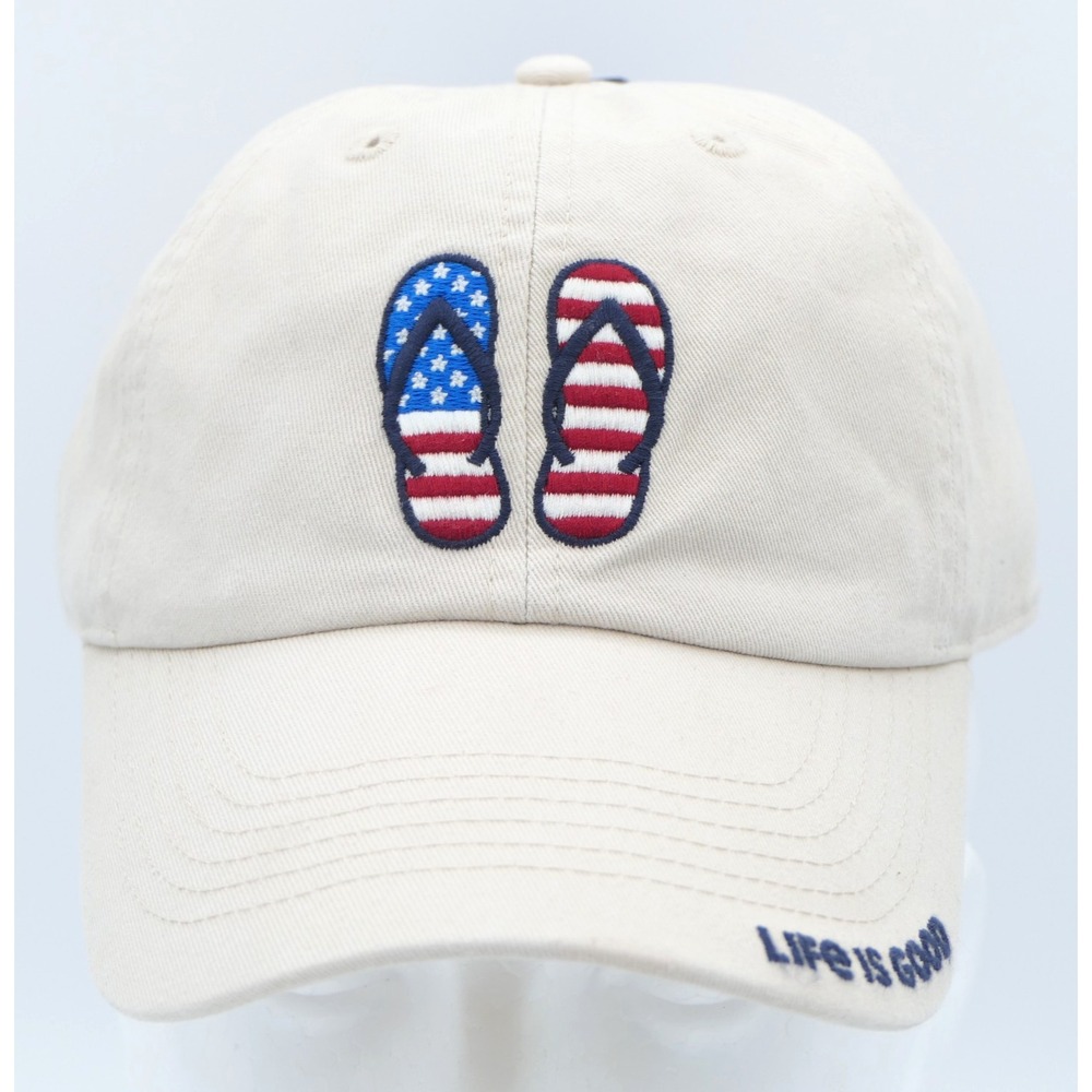 Life is Good Americana Flip Flops Chill Cap Hat Bone Beige Cotton Adjustable OS